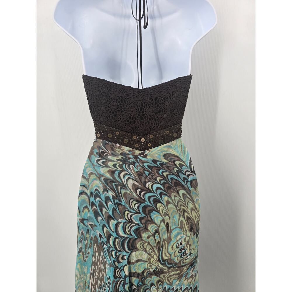 Laundry Shelli Segal Vintage Y2K Halter Maxi Dress Silk Beaded Crochet Boho 10 - Picture 7 of 14
